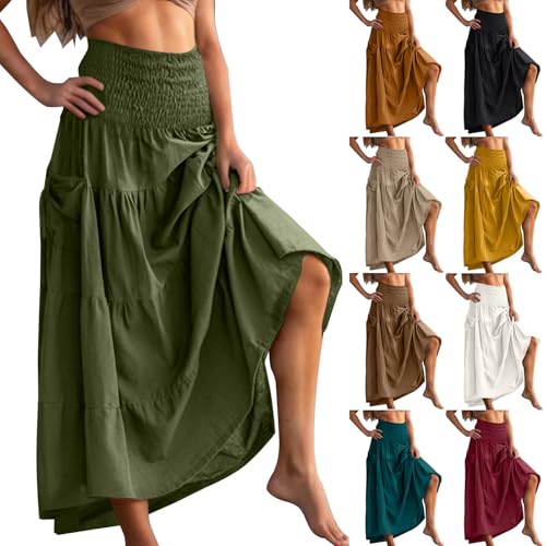 Rock Damen Lang Elegant Hohe Taille Röcke Baumwolle Boho Wickelrock Maxirock Langer Luftiger Sommerrock Freizeitrock mit Taschen Strandrock Frauen Faltenrock Damenrock Armeegrün XL von Generisch