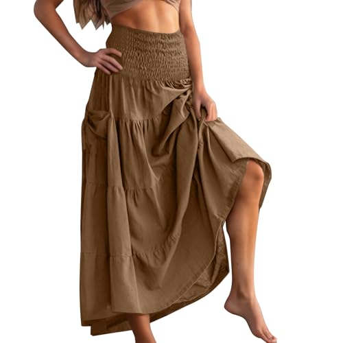 Rock Damen Lang Elegant Hohe Taille Röcke Baumwolle Boho Wickelrock Maxirock Langer Luftiger Sommerrock Freizeitrock mit Taschen Strandrock Frauen Faltenrock Damenrock Braun L von Generisch