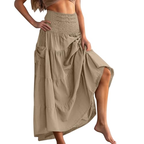 Rock Damen Lang Elegant Hohe Taille Röcke Baumwolle Boho Wickelrock Maxirock Langer Luftiger Sommerrock Freizeitrock mit Taschen Strandrock Frauen Faltenrock Damenrock Khaki L von Generisch