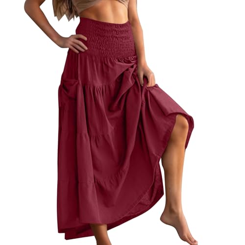 Rock Damen Lang Elegant Hohe Taille Röcke Baumwolle Boho Wickelrock Maxirock Langer Luftiger Sommerrock Freizeitrock mit Taschen Strandrock Frauen Faltenrock Damenrock Rot M von Generisch
