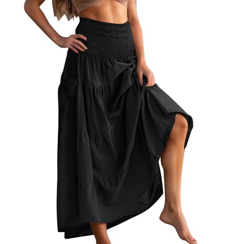 Rock Damen Lang Elegant Hohe Taille Röcke Baumwolle Boho Wickelrock Maxirock Langer Luftiger Sommerrock Freizeitrock mit Taschen Strandrock Frauen Faltenrock Damenrock Schwarz L von Generisch