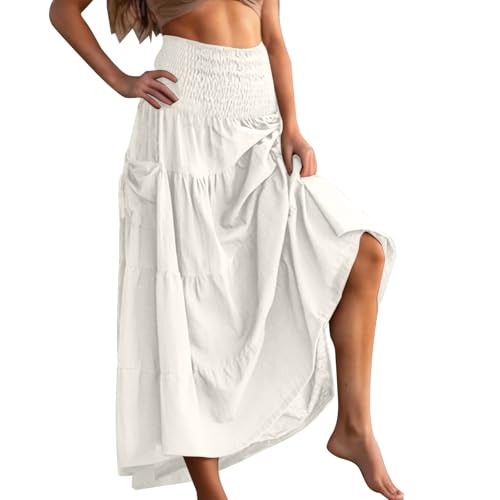 Rock Damen Lang Elegant Hohe Taille Röcke Baumwolle Boho Wickelrock Maxirock Langer Luftiger Sommerrock Freizeitrock mit Taschen Strandrock Frauen Faltenrock Damenrock Weiß M von Generisch