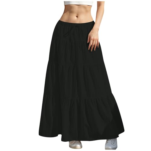 Rock Damen Lang Elegant Röcke Hohe Taille Maxirock mit Kordelzug Einfarbig Sommerrock Casual A-Line Freizeitrock Hochzeit Cocktail Skirt Langrock Faltenrock Strandrock Bohemien von Generisch