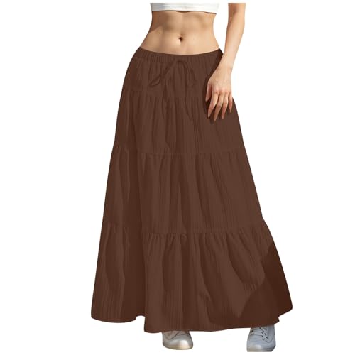 Rock Damen Lang Elegant Röcke Hohe Taille Maxirock mit Kordelzug Einfarbig Sommerrock Casual A-Line Freizeitrock Hochzeit Cocktail Skirt Langrock Faltenrock Strandrock Bohemien von Generisch