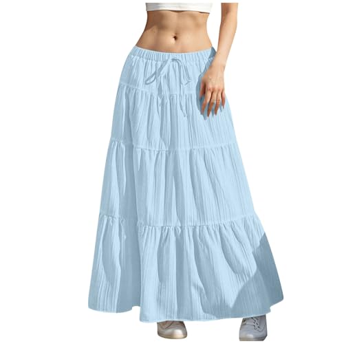Rock Damen Lang Elegant Röcke Hohe Taille Maxirock mit Kordelzug Einfarbig Sommerrock Casual A-Line Freizeitrock Hochzeit Cocktail Skirt Langrock Faltenrock Strandrock Bohemien von Generisch