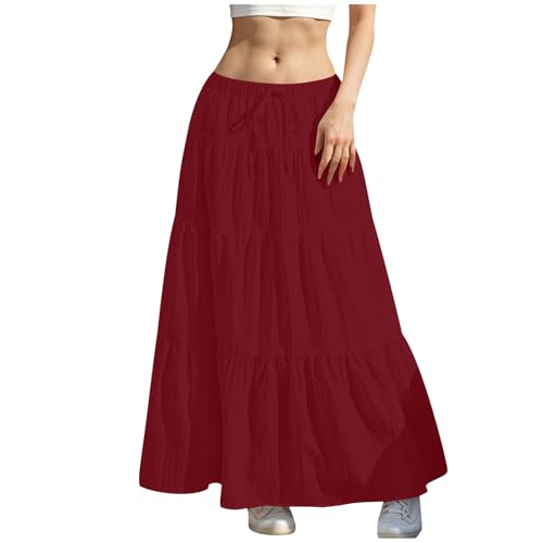 Rock Damen Lang Elegant Röcke Hohe Taille Maxirock mit Kordelzug Einfarbig Sommerrock Casual A-Line Freizeitrock Hochzeit Cocktail Skirt Langrock Faltenrock Strandrock Bohemien von Generisch