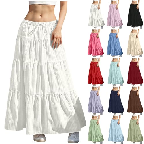 Rock Damen Lang Elegant Röcke Hohe Taille Maxirock mit Kordelzug Einfarbig Sommerrock Casual A-Line Freizeitrock Hochzeit Cocktail Skirt Langrock Faltenrock Strandrock Bohemien von Generisch