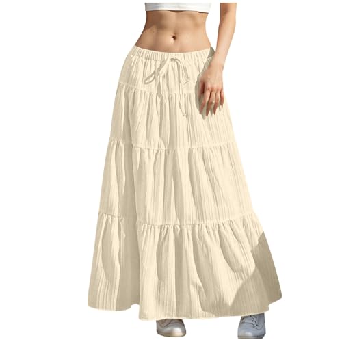 Rock Damen Lang Elegant Röcke Hohe Taille Maxirock mit Kordelzug Einfarbig Sommerrock Casual A-Line Freizeitrock Hochzeit Cocktail Skirt Langrock Faltenrock Strandrock Bohemien von Generisch