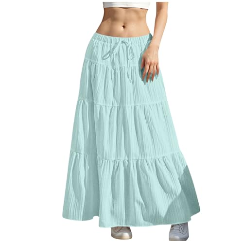 Rock Damen Lang Elegant Röcke Hohe Taille Maxirock mit Kordelzug Einfarbig Sommerrock Casual A-Line Freizeitrock Hochzeit Cocktail Skirt Langrock Faltenrock Strandrock Bohemien von Generisch