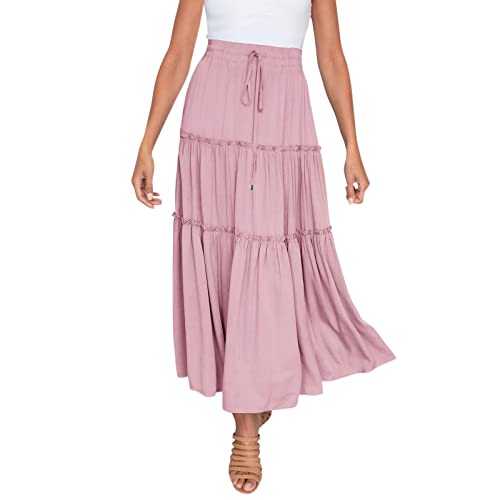 Rock Damen Lang Hohe Taille mit Kordelzug Röcke Stufenrock Elegant Elastisch A-Linie Freizeitrock Maxirock Übergangs Lässig Leicht Strandrock Plisseerock Casual Bequem Locker Sommerrock Faltenrock von Generisch