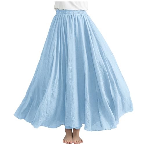 Rock Damen Lang Leinen Röcke Elegant Maxirock Langer Luftiger Sommerrock Elastische Taille Freizeitrock Einfarbig Casual Damenrock Strandrock Frauen Himmelblau Einheitsgröße von Generisch