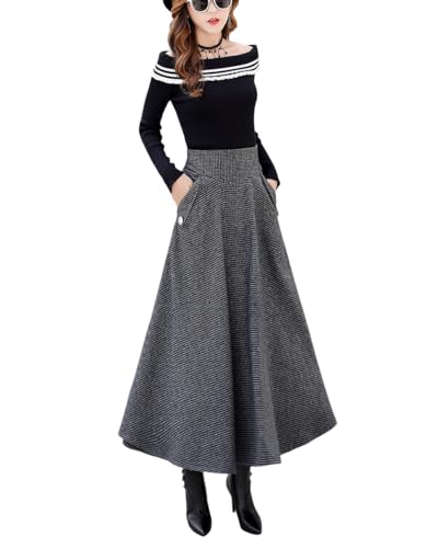 Rock Damen Lang Woll Faltenrock Vintage Elegant Plaid Hohe Taille Warm Winterrock A-Line Röcke Trachtenrock(L,Grau) von Generisch