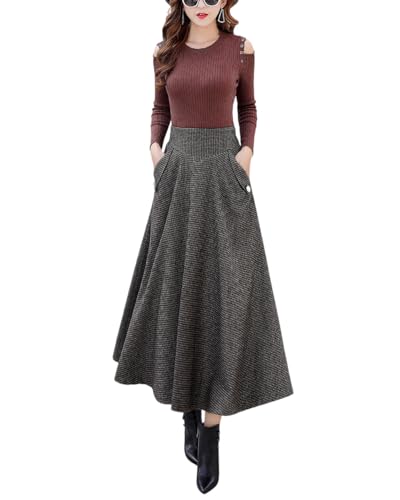 Rock Damen Lang Woll Faltenrock Vintage Elegant Plaid Hohe Taille Warm Winterrock A-Line Röcke Trachtenrock(M,Braun) von Generisch