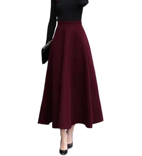 Rock Damen Lang Woll Faltenrock Vintage Elegant Plaid Hohe Taille Warm Winterrock A-Line Röcke Trachtenrock(XXL,Rotwein 8011) von Generisch