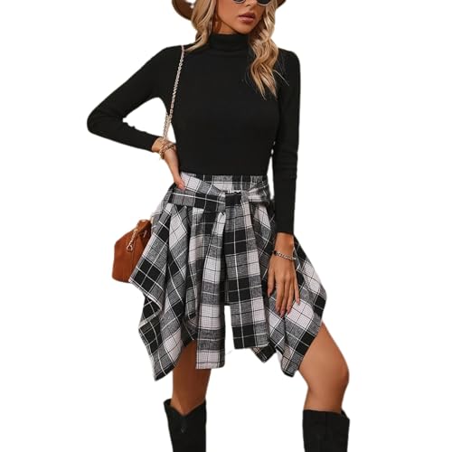 Rock Damen Winter Kurz Kariert Rock Damen A Linie Elegant Asymmetrisch Minirock Hohe Taille Karierter Röcke Damen Festlich Vintage Steampunk Freizeitrock Frauen Herbstwinter Damenrock Schick von Generisch