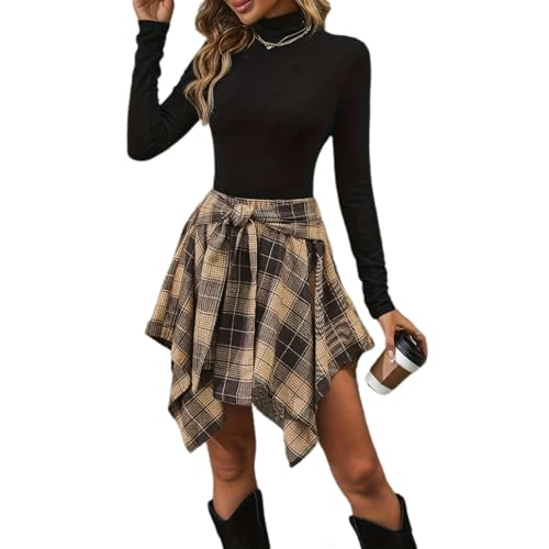 Rock Damen Winter Kurz Kariert Rock Damen A Linie Elegant Asymmetrisch Minirock Hohe Taille Karierter Röcke Damen Festlich Vintage Steampunk Freizeitrock Frauen Herbstwinter Damenrock Schick von Generisch
