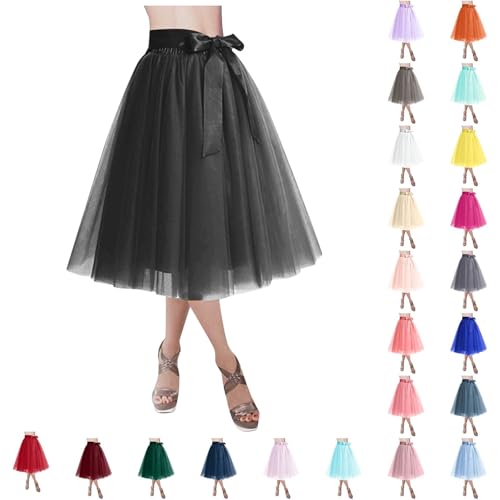 Rock Schwarz, Damen Tüllrock Midi Cosplay a Line Tanzkleid Kostüm Elegant Netzstoff Ballkleid Retro Höhe Taille Unterrock Elastisch Abschlussball Minirock Party Midirock von Generisch