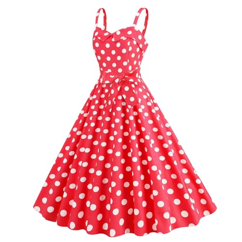 Rock rot Punkte Rockabilly Kleider Damen Fasching 50er 90er Jahre Ärmellos Polka Dots Vintage Swing Coctailkleid Hochzeit Festlich Knielang Kleid Rockabilly kostüm Rot XL von Generisch