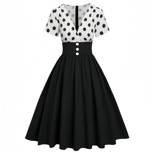 Rockabilly Kleider Damen 50er Jahre Polka Dots Cocktailkleid Vintage Swing A-Line Kleider Kurzarm V-Ausschnitt Festliche Abendkleider Knielang Tunika Partykleid Gepunkte Ballkleider Midikleid von Generisch