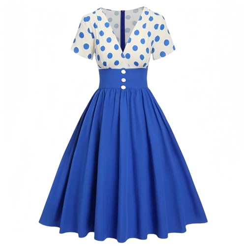 Rockabilly Kleider Damen 50er Jahre Polka Dots Cocktailkleid Vintage Swing A-Line Kleider Kurzarm V-Ausschnitt Festliche Abendkleider Knielang Tunika Partykleid Gepunkte Ballkleider Midikleid von Generisch