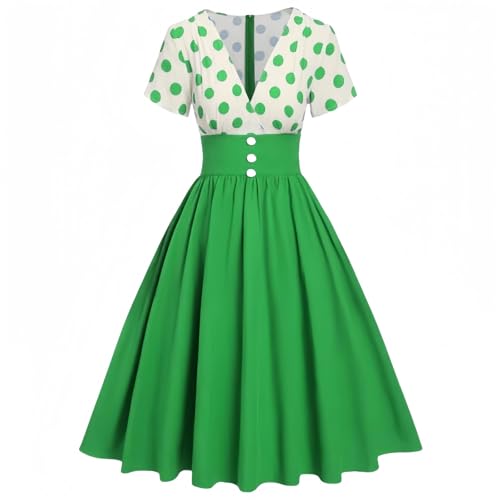 Rockabilly Kleider Damen 50er Jahre Polka Dots Cocktailkleid Vintage Swing A-Line Kleider Kurzarm V-Ausschnitt Festliche Abendkleider Knielang Tunika Partykleid Gepunkte Ballkleider Midikleid von Generisch