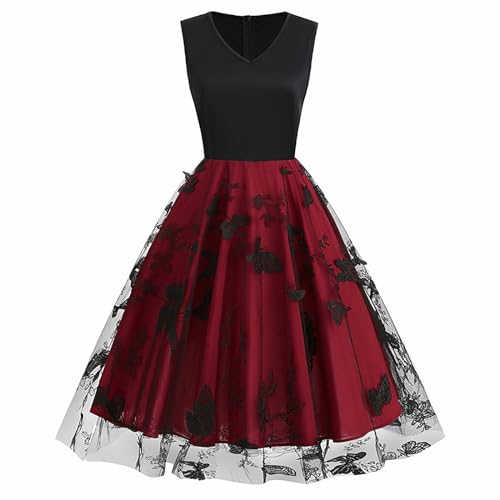 Rockebillykleider Damen Festliches V-Ausschnitt Hochzeit Cocktailkleid Knielang Hochzeit Festlich Abendkleid Ballkleid 1950er Vintage Retro Schwingen Kleid Rockabilly Swing Kleid A Linie Faltenrock von Generisch