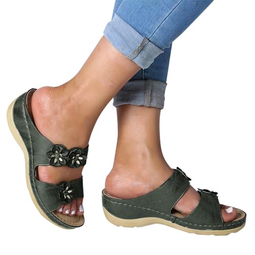 Römersandalen Damen Keilabsatz,Sandalen Grün Damen Flach Gummischuhe Weich Bequem Pantoffeln Outdoor/Indoor Freizeitschuhe Open Toe Atmungsaktiv Trekkingschuhe Blumen Outdoorschuhe Abriebfest von Generisch