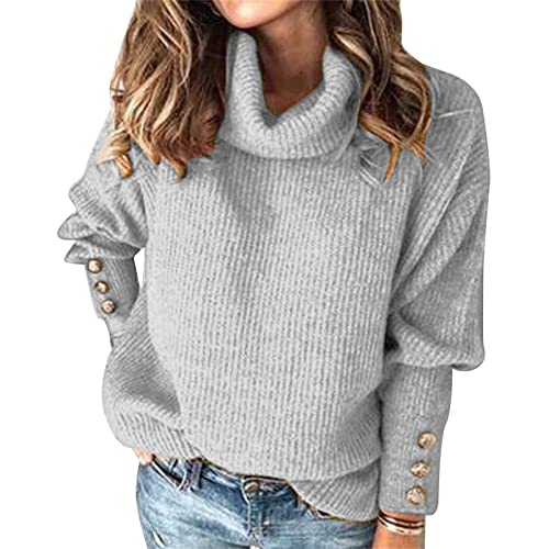 Rollkragenpullover Damen Oversize Pullover Damen Herbst Winter Strickpullover Langarm Sweatshirt Elegant Pulli Rundhals Winterpullover Warm Gestrickt Rollkragen Pullover Casual Oberteile Mit Knöpfen von Generisch