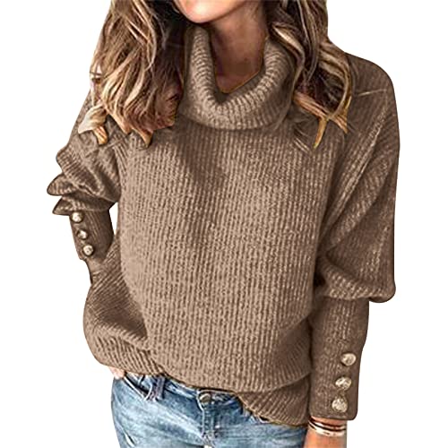 Rollkragenpullover Damen Oversize Pullover Damen Herbst Winter Strickpullover Langarm Sweatshirt Elegant Pulli Rundhals Winterpullover Warm Gestrickt Rollkragen Pullover Casual Oberteile Mit Knöpfen von Generisch