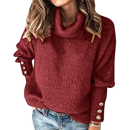 Rollkragenpullover Damen Oversize Pullover Damen Herbst Winter Strickpullover Langarm Sweatshirt Elegant Pulli Rundhals Winterpullover Warm Gestrickt Rollkragen Pullover Casual Oberteile Mit Knöpfen von Generisch