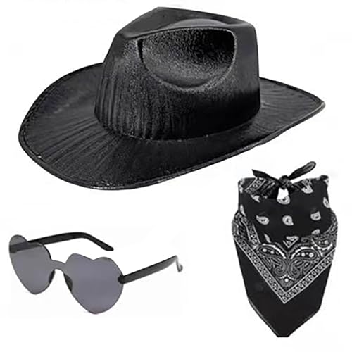 Rosa Cowboy Hut Damen Set Western Filzhut mit Federtrimm Herz Brille und Rosa Bandana Accessoires Westen Cowgirl Kostüm Pinker Cowboyhut für Damen Cosplay Party Halloween Karneval (C) von Generisch
