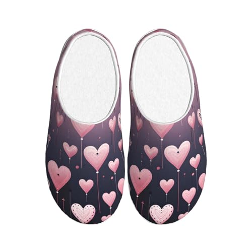 Rosa Herz Ballon Damen Hausschuhe Flanell Haus Pantoffeln für Männer Valentine Romantische rutschfeste Warme Winterschuhe für Indoor Outdoor, mehrfarbig, X-Small Men/ X-Large Women von Generisch