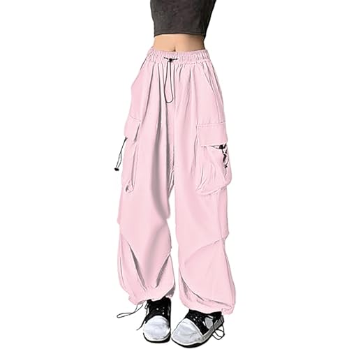 Rosa Hose Cargohose Damen Baggy High Waist Y2K Fallschirm Hose Vintage Parachute Pants Hip Hop Freizeithose Klamotten Teenager Mädchen 90Er E-Girl Streetwear Frauen Cargo Hosen Mit Taschen von Generisch