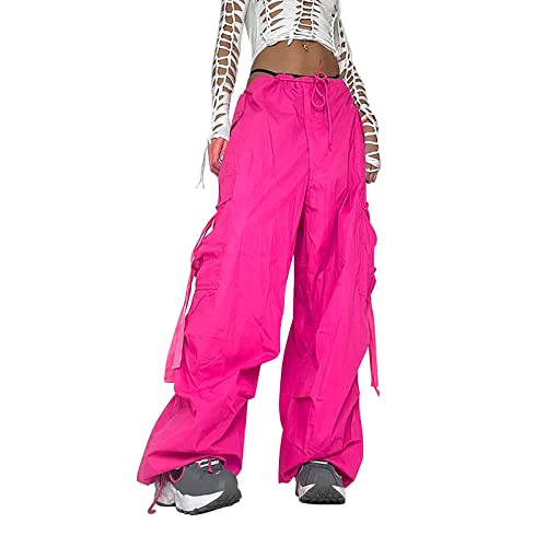Rosa Hose Damen Cargohose Damen Baggy High Waist Y2K Fallschirm Hose Vintage Parachute Pants Hip Hop Freizeithose Klamotten Teenager Mädchen 90Er E-Girl Streetwear Frauen Cargo Hosen Mit Taschen von Generisch