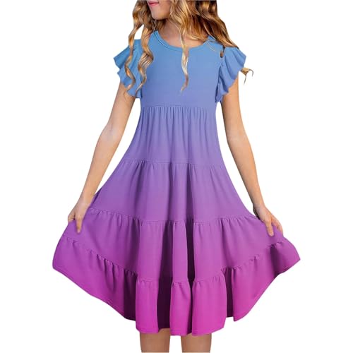 Rosa Kleid Mädchen Sommer Rüschenärmel Farbverlauf Kleider Rundhals A Linie Swing Freizeitkleid Knielang Mädchenkleid Teenager Kinder Festliche Sommerkleid Lässig Regenbogenkleid für 6-15 Jahre von Generisch