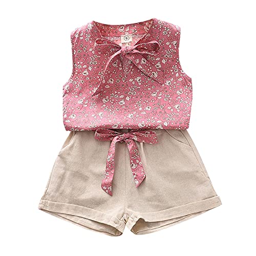 Rosa Sommer Outfits Mädchen 128 Baumwolle 2 Teiler Freizeitanzug Kurze Paperbag Hose Und Top Blumenmuster Casual 2 Piece Set Ärmelloses Kinderkleidung Lässige Strandoutfit Freizeit Hosenanzug von Generisch