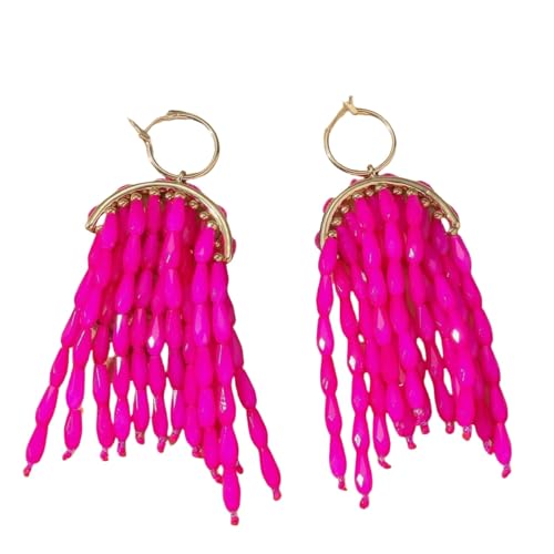 Rosenrote Lange Perlenohrringe Boho Native Handarbeit Perlen Quaste Boho Große Statement Tropfen Fransen Creolen für Frauen Zierliche Schmuckgeschenke von Generisch
