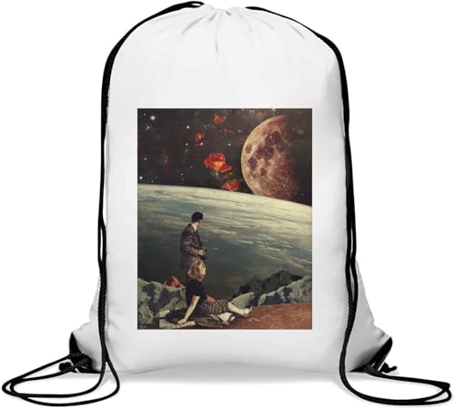 Roses of Outer Space Trippy Earth and Moon Vintage Poster Gym Sack Casual Drawstring Bag White von Generisch