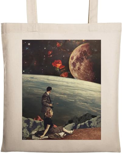 Roses of Outer Space Trippy Earth and Moon Vintage Poster Natural Ecological Cotton Tote Bag Beige von Generisch