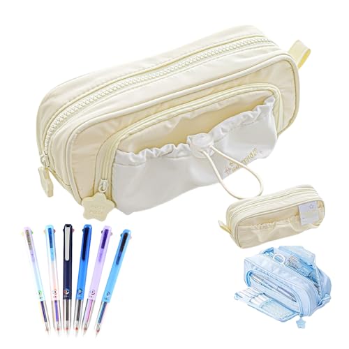 Rosy Posy Pencil Case, Kawaii Pencil Case With Rosy Posy Pens, Cute Aesthetic Pouch Holder Drawstring Pen Bag, Large Capacity Drawstring Multi-Pocket Design, for Student (Yellow,With 6Pcs Pen) von Generisch