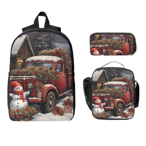 Rot LKW Rucksack Set für Mädchen Jungen mit Lunchtasche Federmäppchen Weihnachten Schneemann 3 Stück Schultaschen Isolierte Lunchbox Geschenke für Frauen Männer von Generisch
