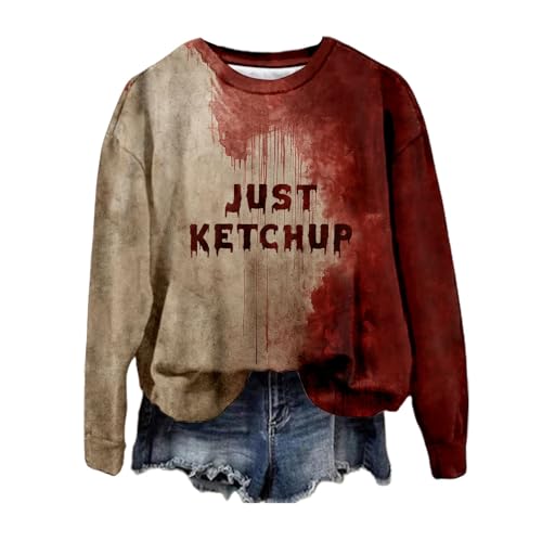 Rot Problem Gelöst Halloween Pullover Damen Hoodie Damen Oversize Problem Gelöst Sweatshirt I'm Fiine Pullover Blood Langarm Pulli Teenager Mädchen Lockeres Langarmshirt Mit Rundhals Hemd ohne Kapuze von Generisch