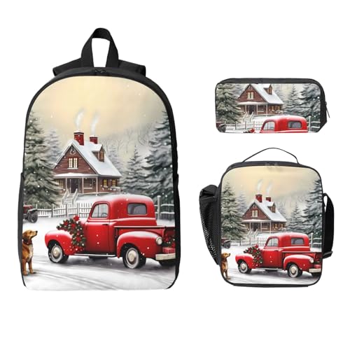 Rot Truck Hunderucksack-Set für Mädchen Jungen mit Lunchtasche Federmäppchen Weihnachten Schnee 3 Stück Schultaschen Isolierte Lunchbox Geschenke für Frauen Männer von Generisch