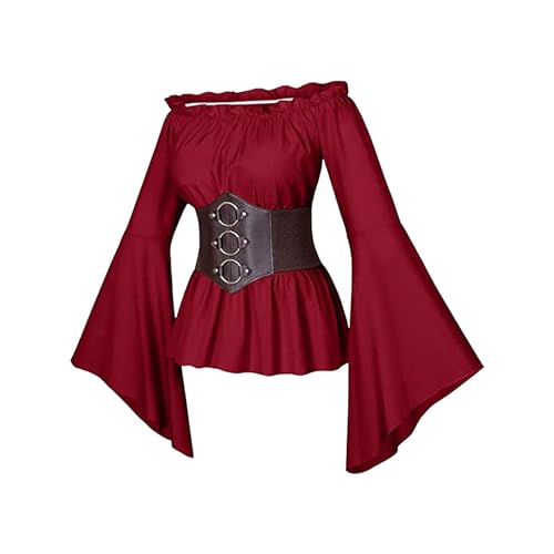Rote Bluse Elegant Piratin Kostüm Damen Set Piratenbluse Mit Korsett Gürtel Faux Leder Schulterfrei Gothic Steampunk Mittelalter Bluse 2 Stück Karneval Kostüm Frauen Mittelalter Shirt Fasching Party von Generisch