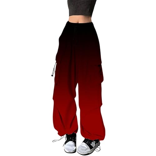 Rote Cargohose Damen Cargohose Damen Baggy High Waist Y2K Fallschirm Hose Vintage Parachute Pants Hip Hop Freizeithose Klamotten Teenager Mädchen 90Er E-Girl Streetwear Frauen Cargo Hosen Mit Taschen von Generisch