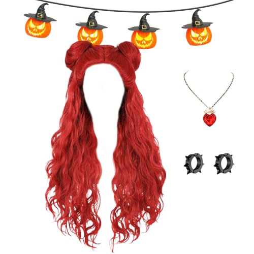 Rote Halloween-Perücke Für Kinder |Lange, Gewellte Rote Halloween-Perücken Für Kinder Mit Herzförmiger Halskette Und Ohrringen|Bequemes Cosplay-Anziehzubehör,Festivalzubehör Für Partys,Bühnenauftritte von Generisch