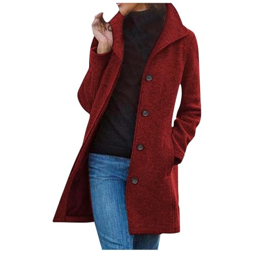 Rote Lederjacke Damen, Mantel Damen Jacke Lang Trenchcoat Elegant Wollmantel Herbstmantel Wintermantel Übergangsmantel Parka mit Reverskragen Strickjacke Einfarbig Windjacke von Generisch