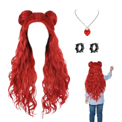 Rote Perücke | Halloween Curly Hair | Mädchen Perücken Kostüm für Verkleidungen | Lange Faser 450g Perücke mit 13 cm Halskette und Ohrringen, ideal für Cosplay, Shows, Themenpartys von Generisch
