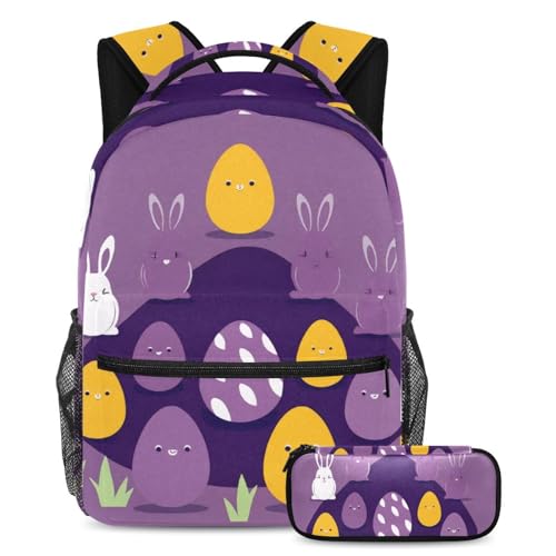 Rucksack mit Federmäppchen, 2-teiliges Schultaschen-Set für Jungen, Mädchen, Teenager, Reisebuchtasche für Studenten, lila Osterhasen-Ei, mehrfarbig, B：29.4x20x40cm P：19x7.5x3.8cm, Tagesrucksäcke von Generisch