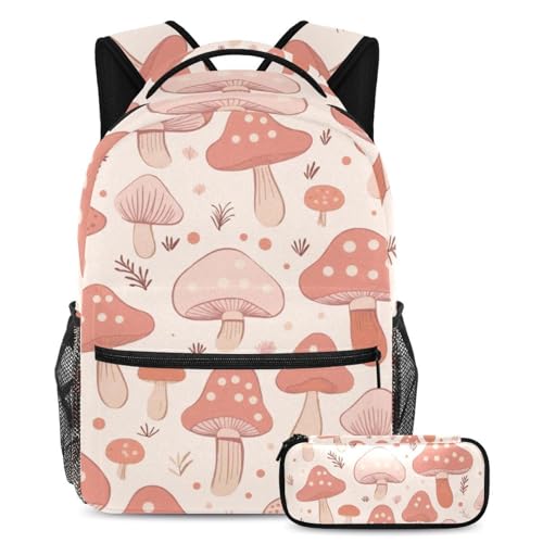 Rucksack mit Federmäppchen, 2-teiliges Schultaschen-Set für Jungen, Mädchen, Teenager, rosa Pilzmuster, mehrfarbig, B：29.4x20x40cm P：19x7.5x3.8cm, Tagesrucksäcke von Generisch